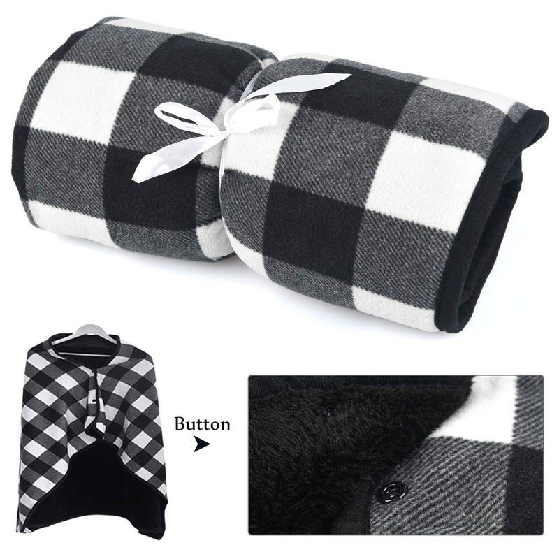 forestfish Fleece Wearable Blanket, Plaid Lap Blanket Comfy Poncho Throw with Buttons for Bed Sofa Office, Black-White - Image 5
